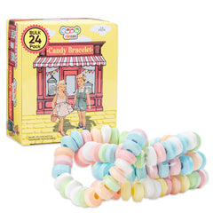 4YoreElves pastel candy bracelets on a child's wrist for a playful party accessory.