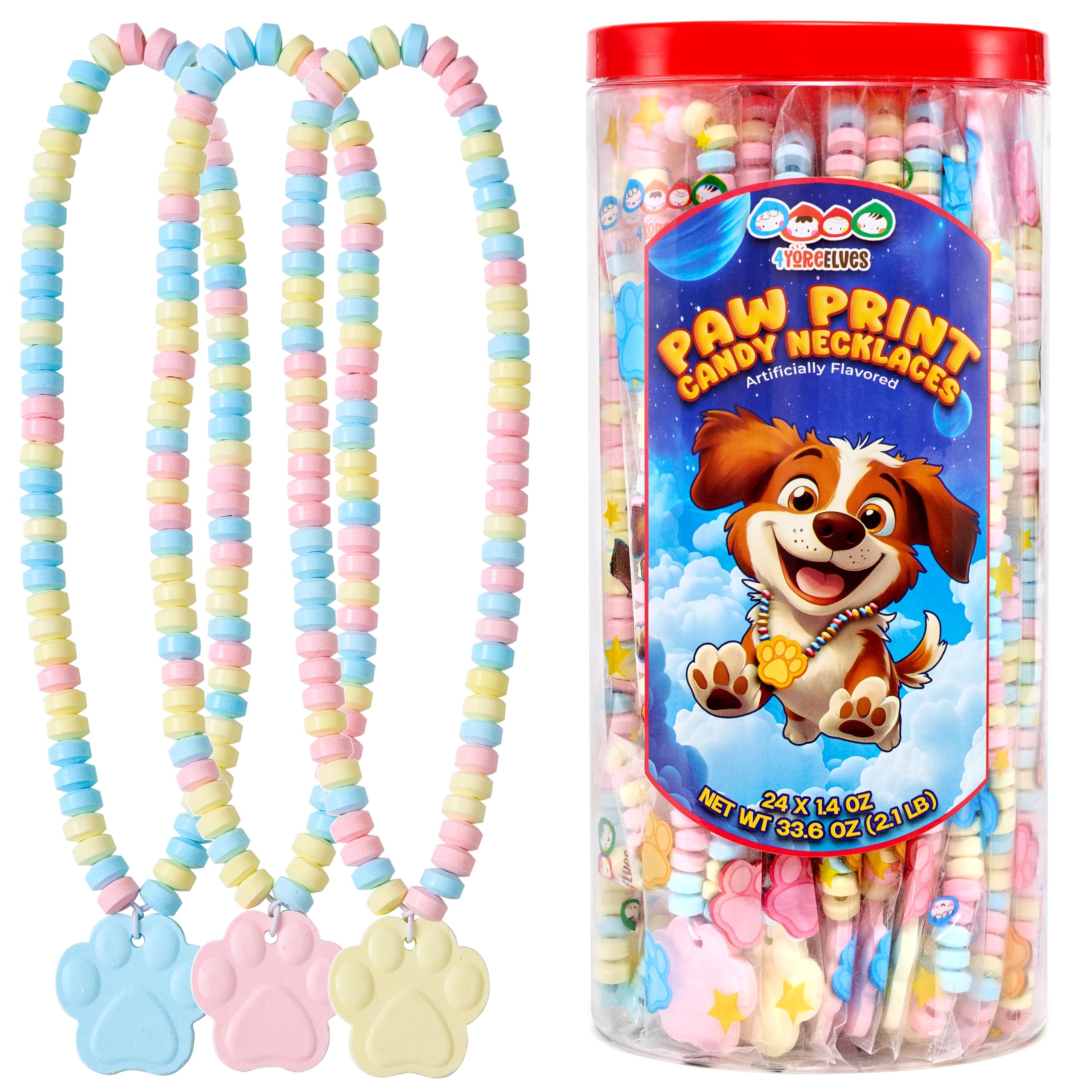 4YoreElves paw-print candy necklace display for dog-themed party favors.