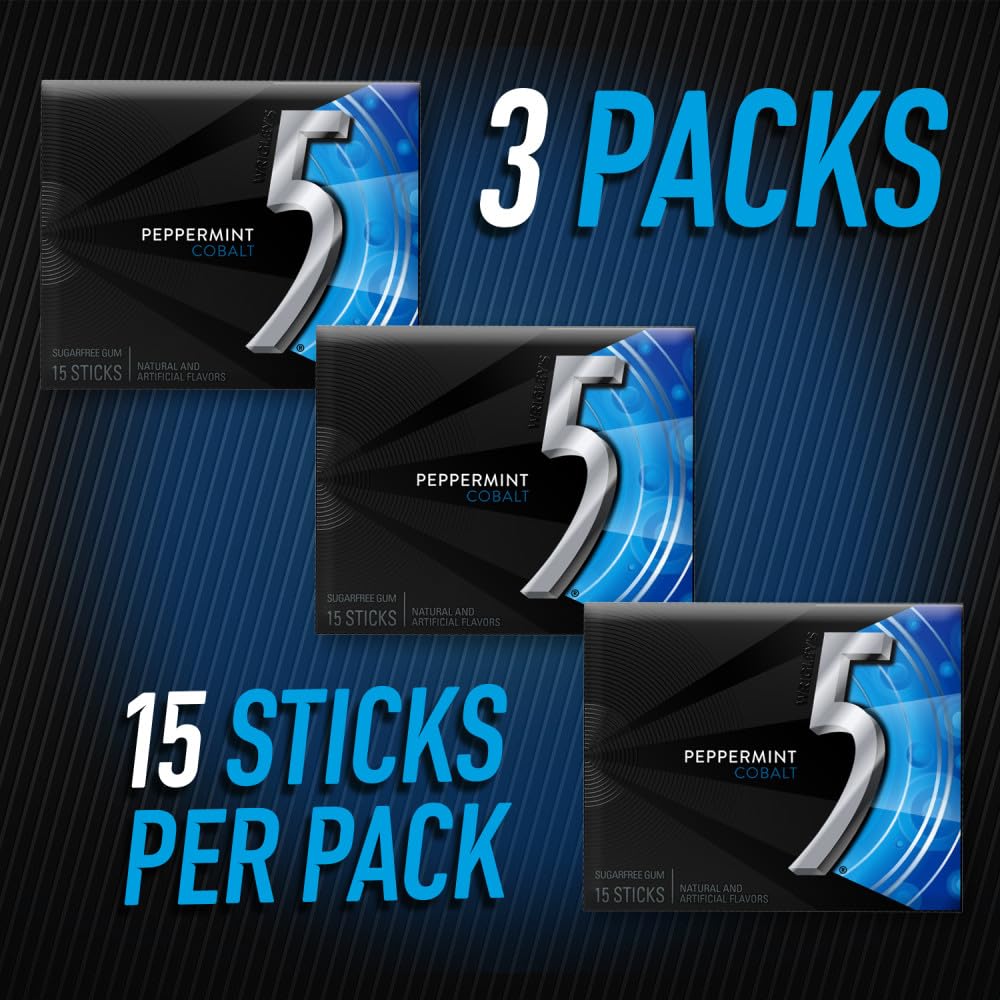 5 GUM Peppermint Cobalt 15-stick pack label showing clear sugar-free mint freshness
