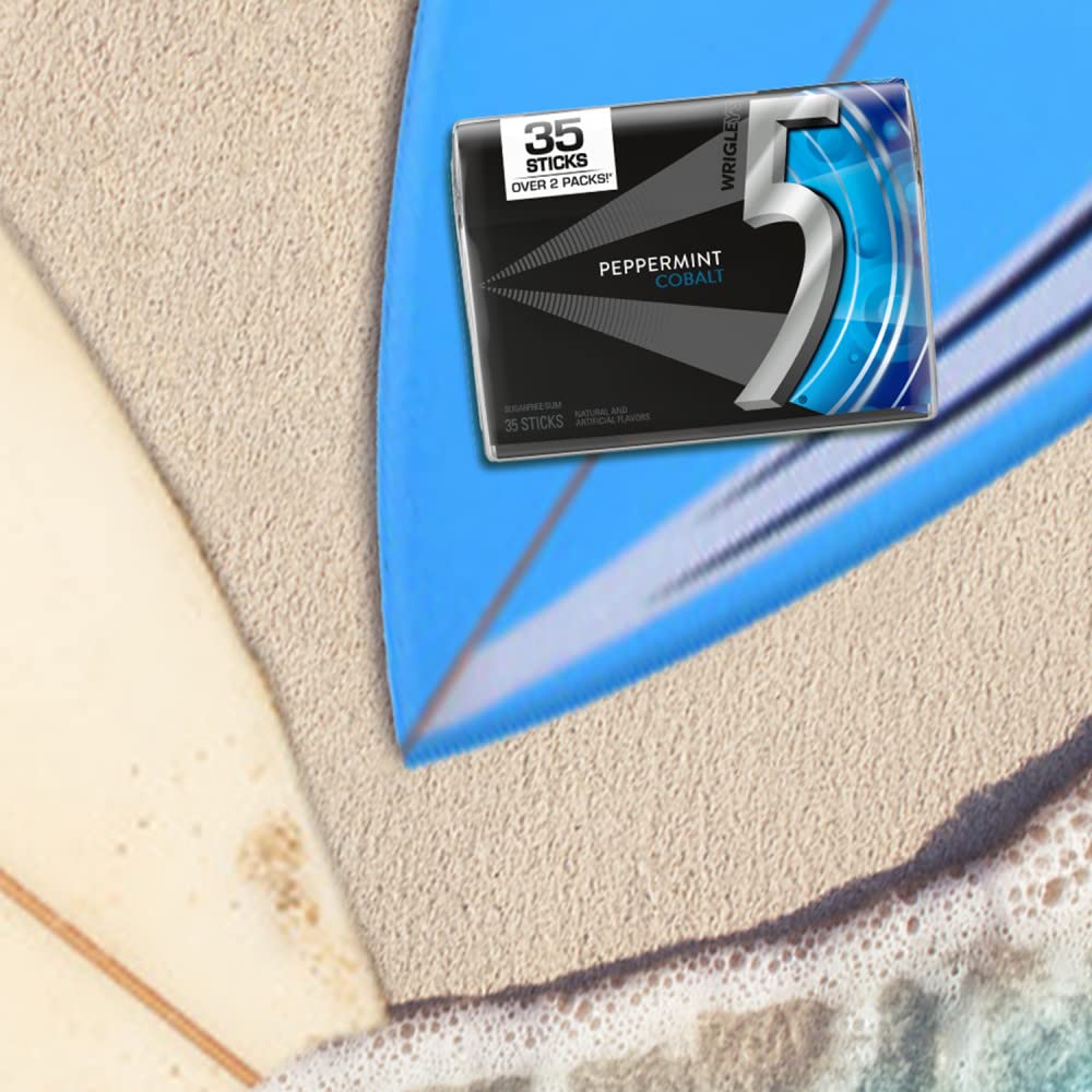 5 GUM Peppermint Cobalt multi-pack display on a desk.