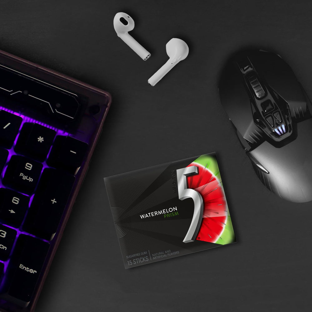 5 Gum Watermelon Prism packaging close-up highlights the sugar-free option.