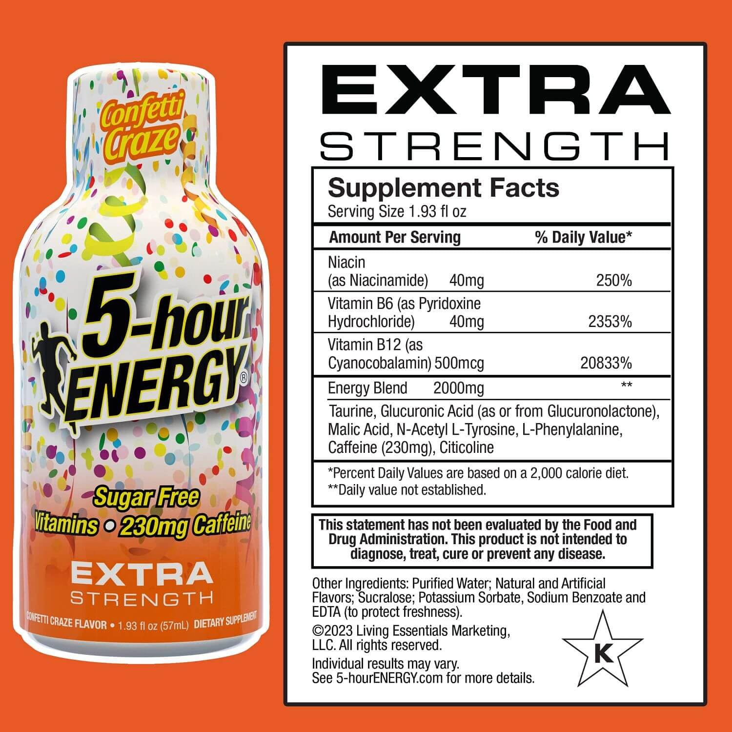 Close-up of the Confetti Craze shot label for quick energy