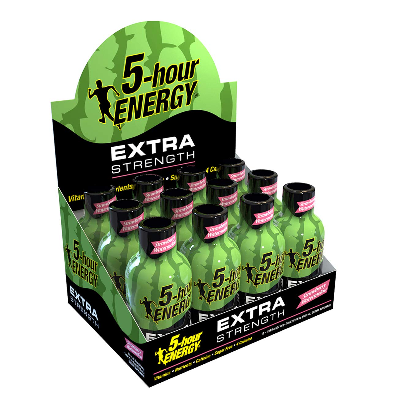 12-pack display of 5-hour ENERGY shot strawberry-watermelon for quick grabs.