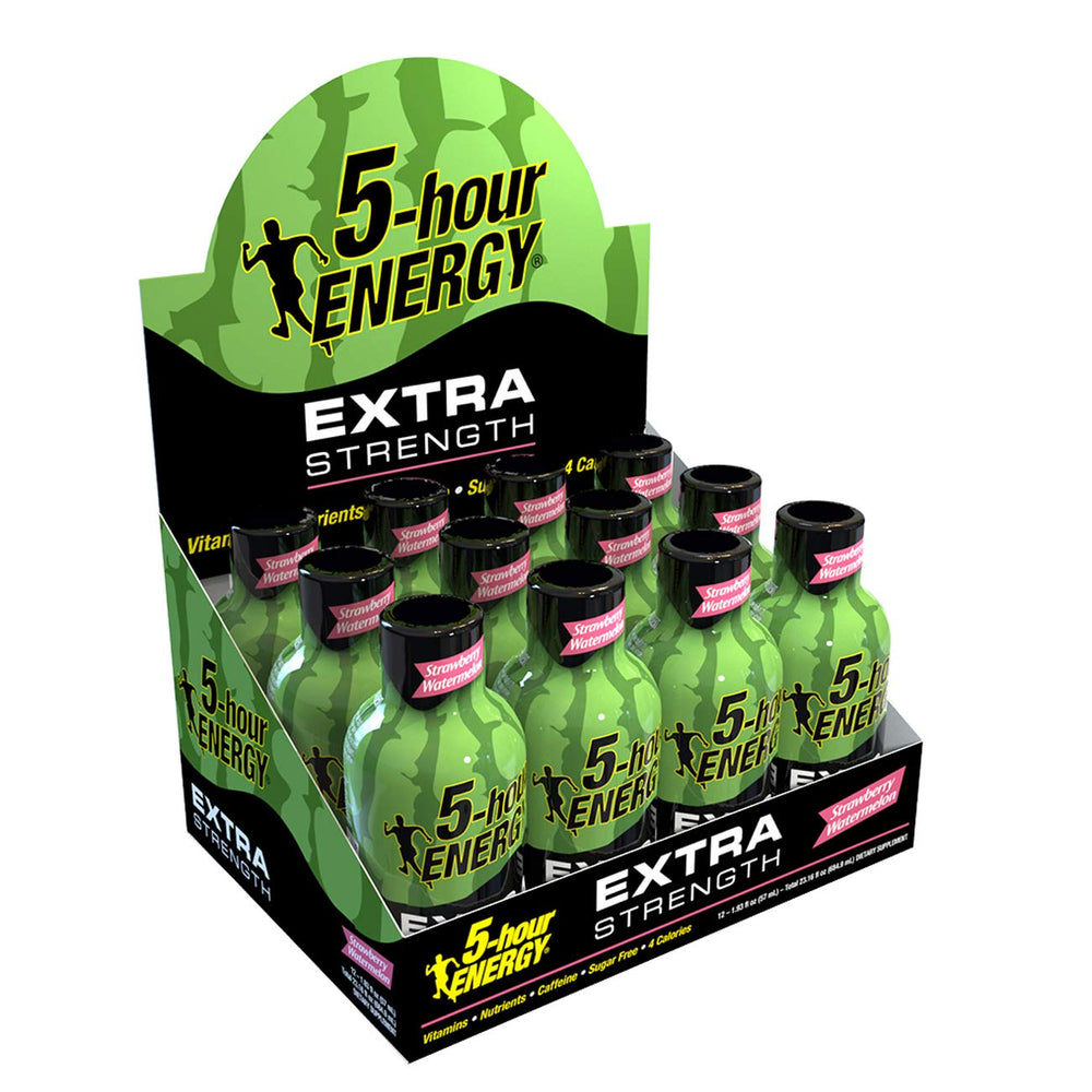 12-pack display of 5-hour ENERGY shot strawberry-watermelon for quick grabs.
