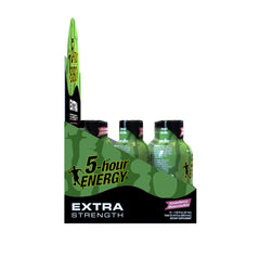 Close-up of 5-hour ENERGY strawberry-watermelon bottle, compact energy in hand.