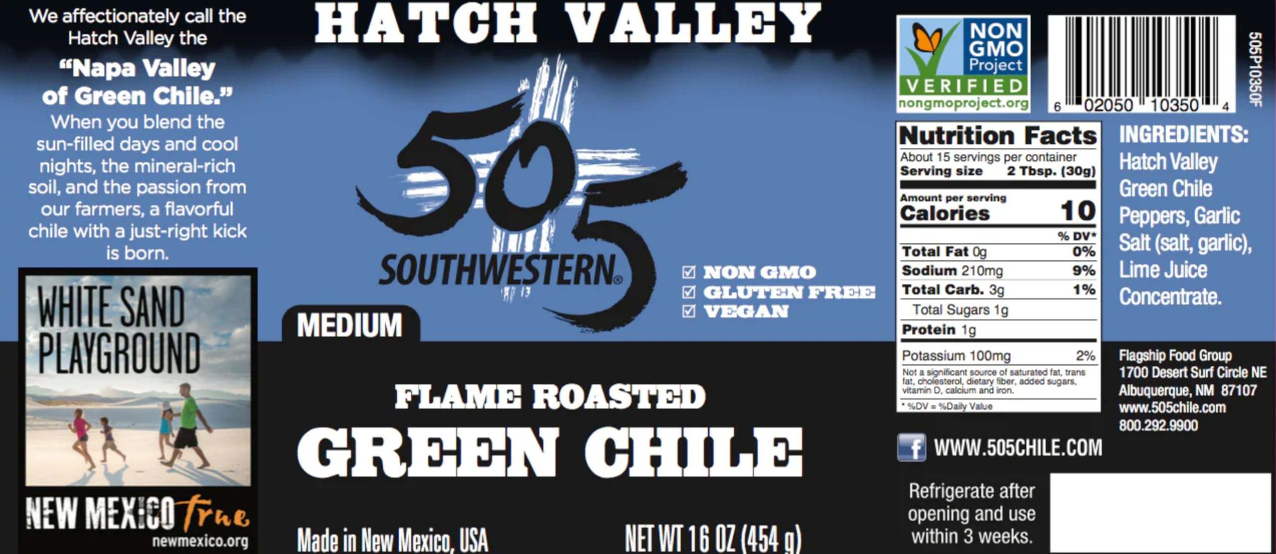 505 Southwestern flame-roasted green chile pack side, compact pantry staple.
