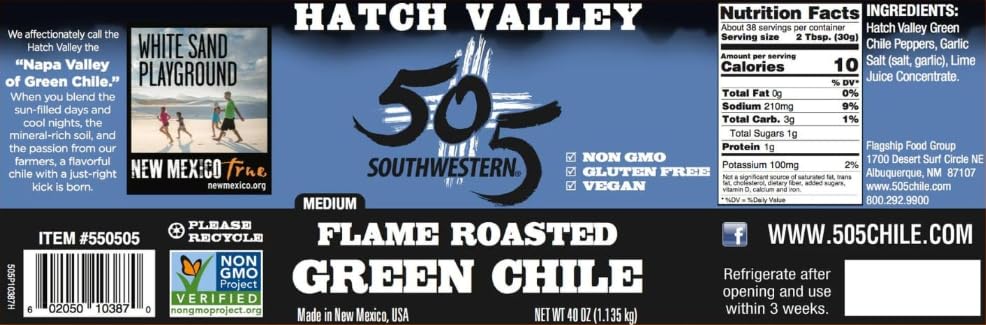 505 Southwestern Hatch Valley green chiles in a jar back emphasize authentic flame roasted flavor.