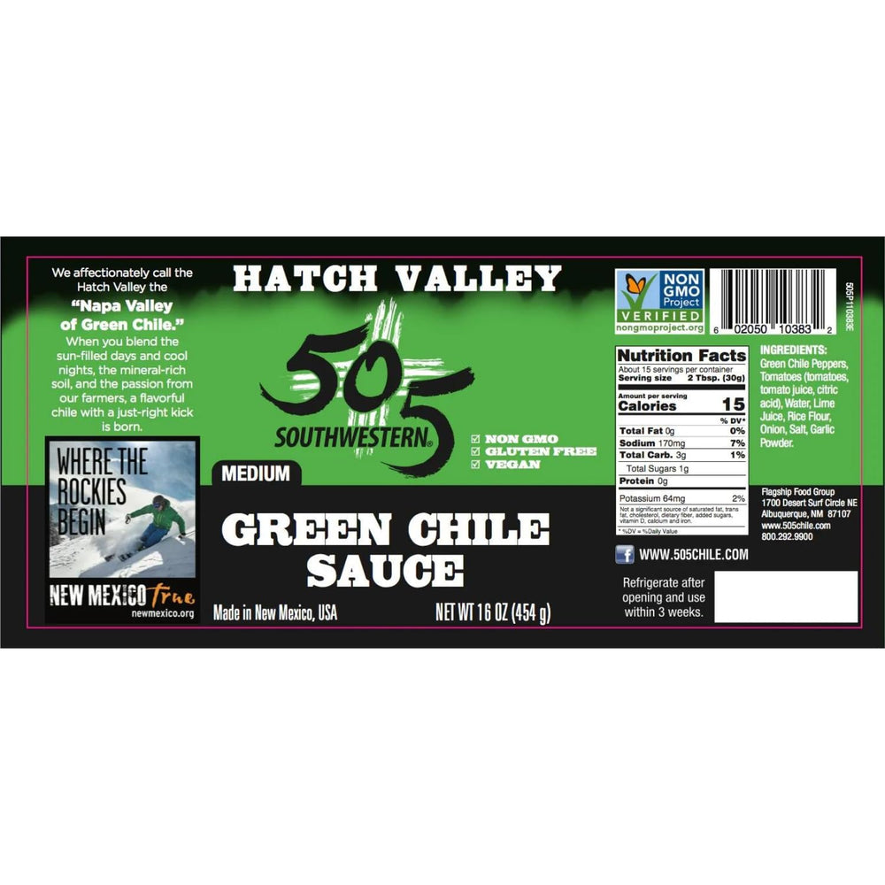 505 Southwestern Medium Green Chile Sauce bottle top highlights easy pour and freshness