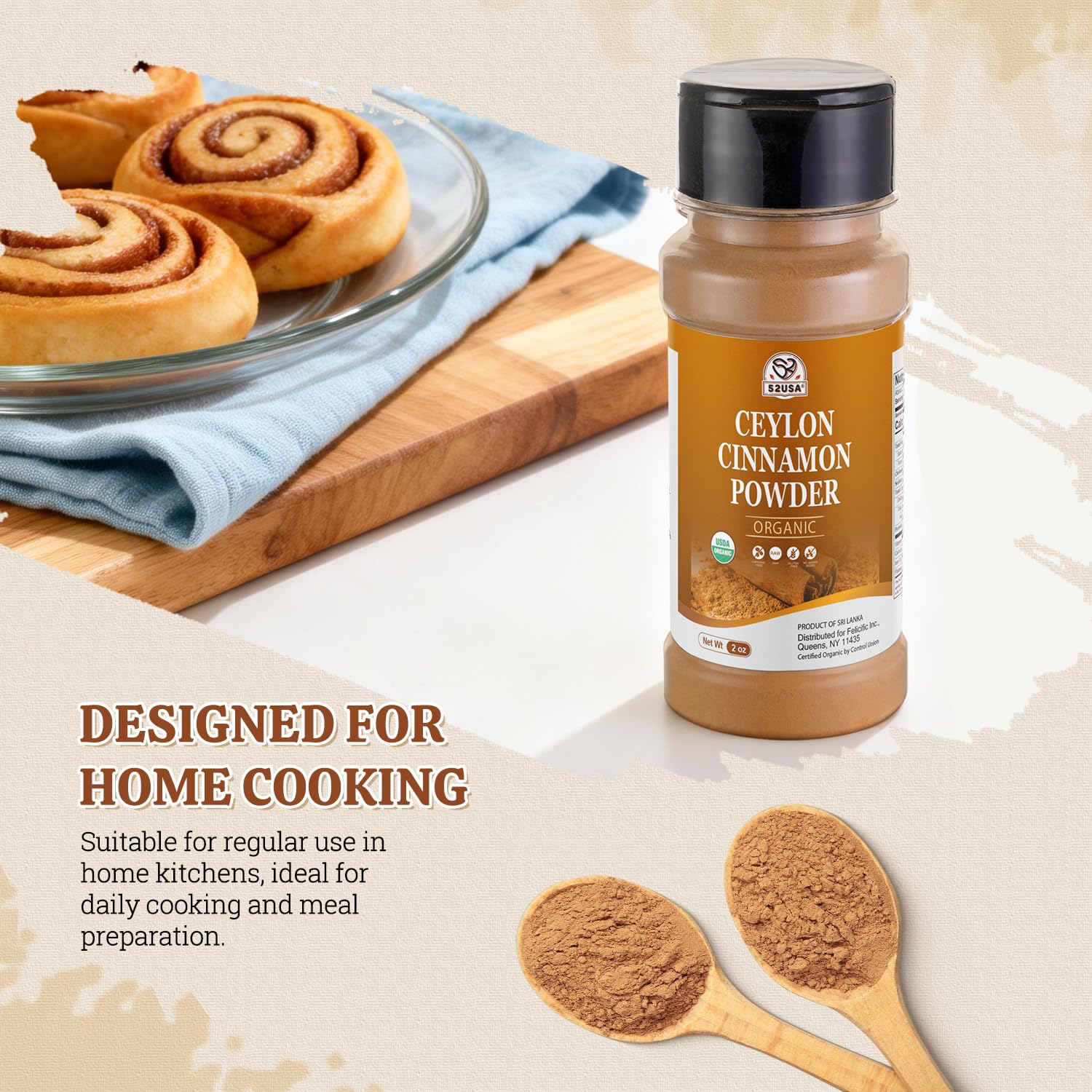52USA Cinnamon powder used in baking cinnamon rolls for comforting treats.