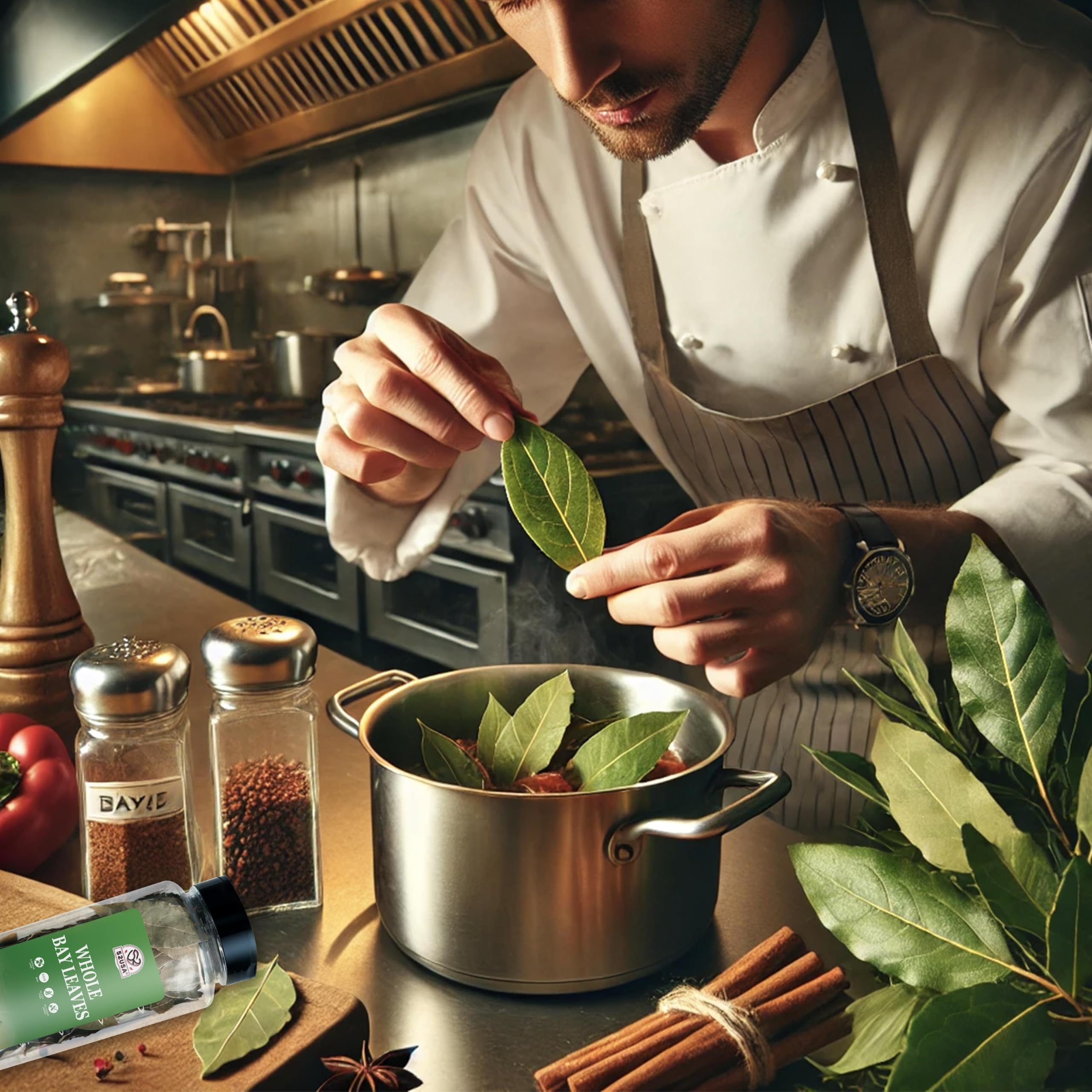 52USA Bay Leaves in soup, adds depth and warmth during cooking.