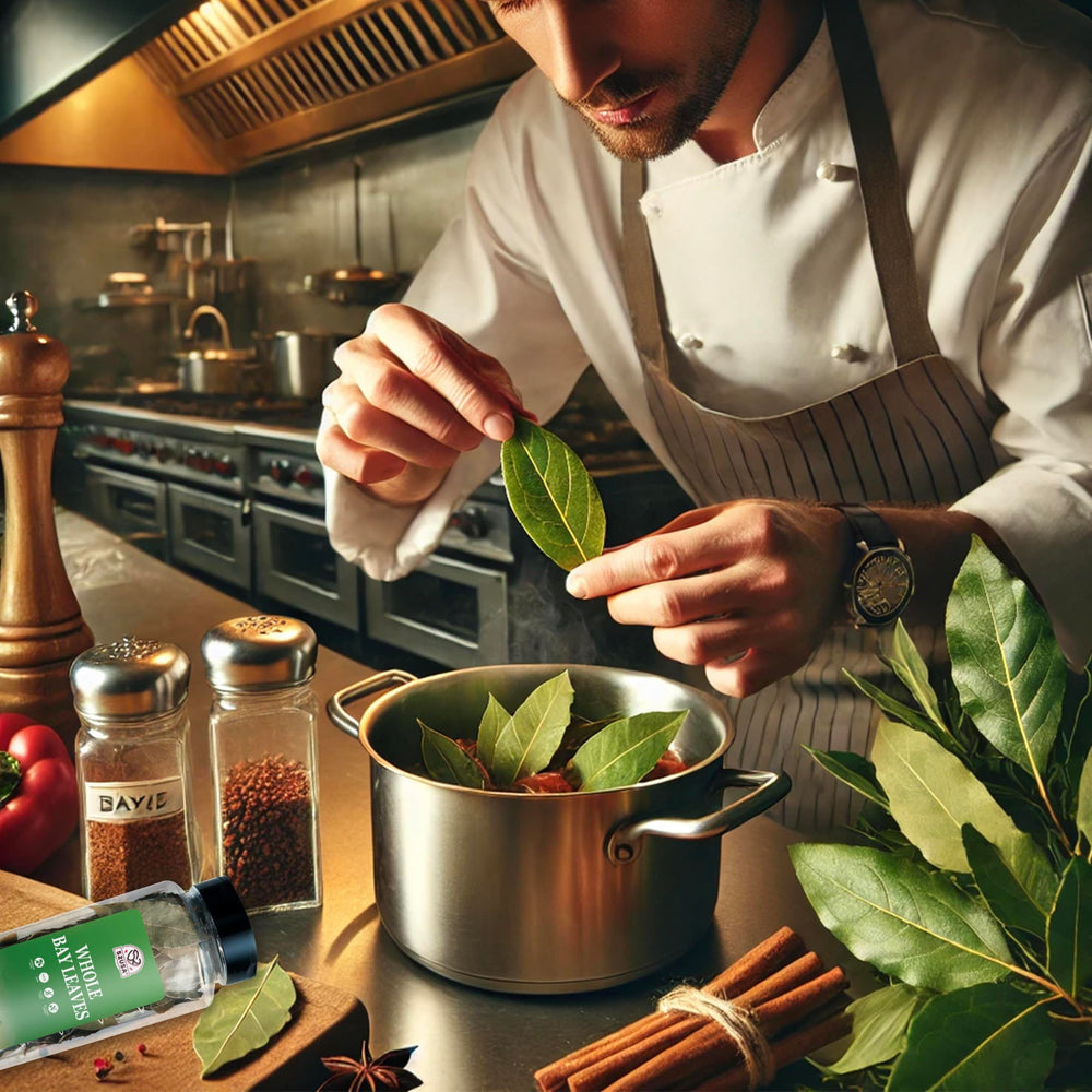 52USA Bay Leaves in soup, adds depth and warmth during cooking.
