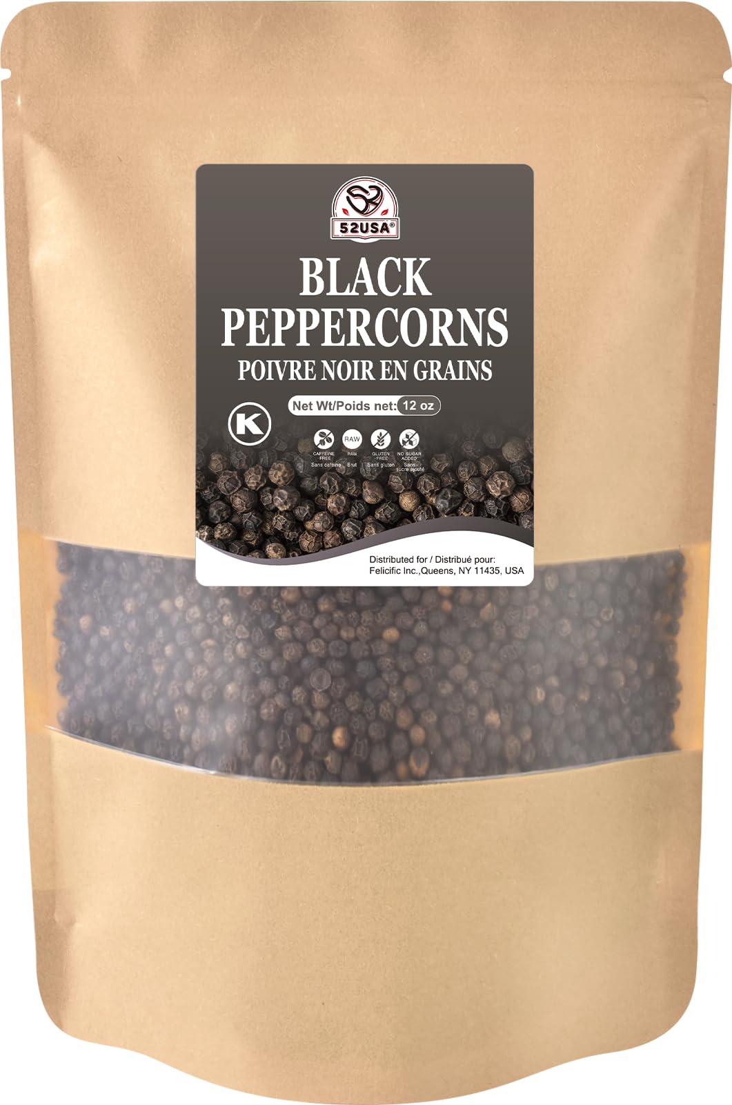 52USA black peppercorns 12oz packaging for pantry freshness and easy storage