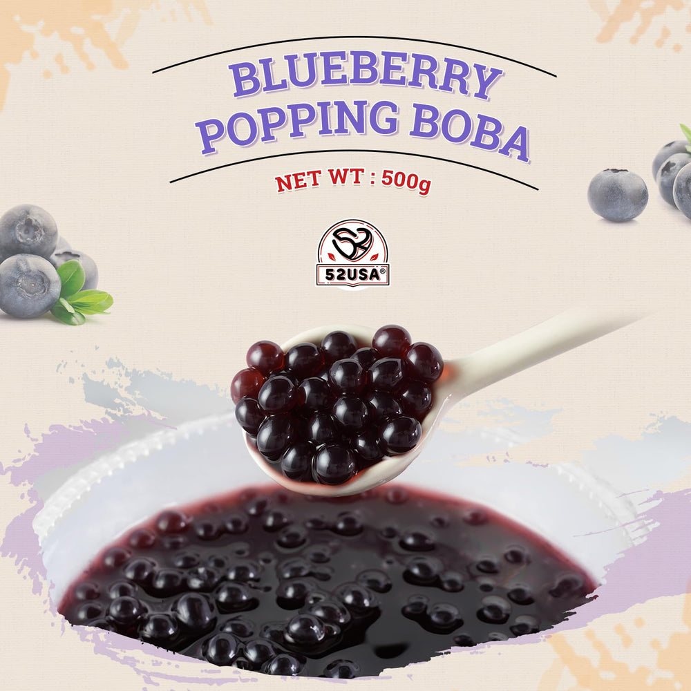 Close-up of 52USA blueberry popping boba pearls for drinks.