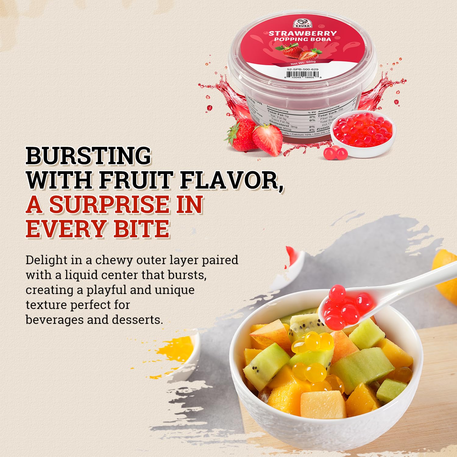 52USA strawberry popping boba pearls being added to a cup for DIY bubble tea