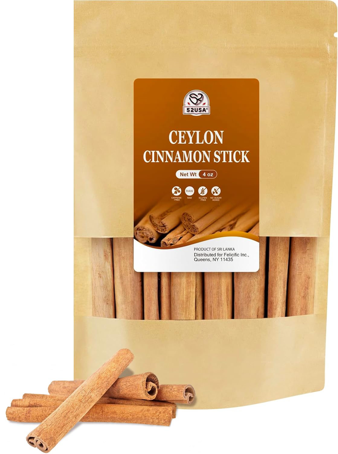 52USA Ceylon cinnamon sticks, whole 4oz, ideal for baking and beverages.