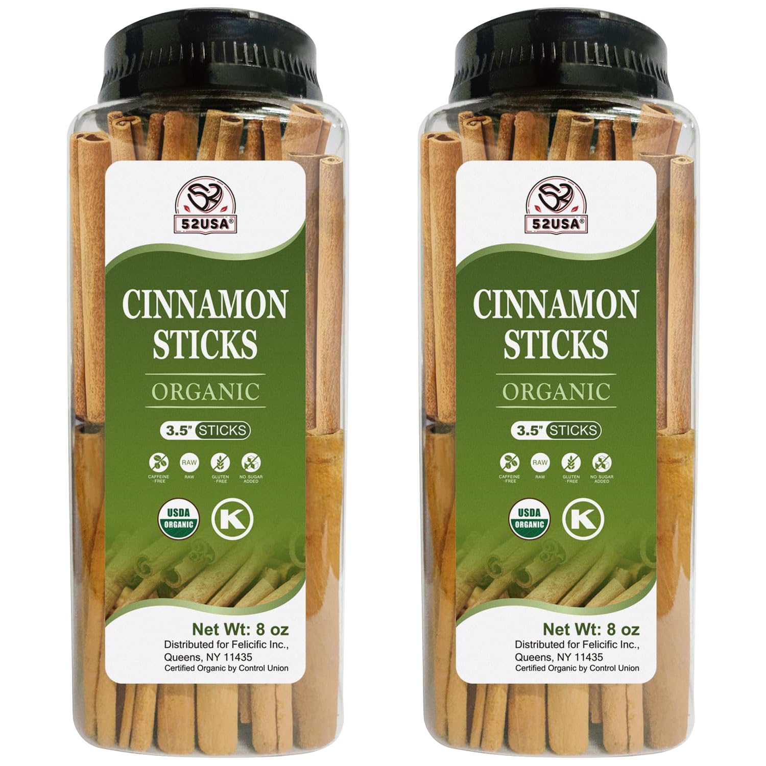 52USA Organic Cinnamon Sticks in an 8oz jar for fresh baking flavor