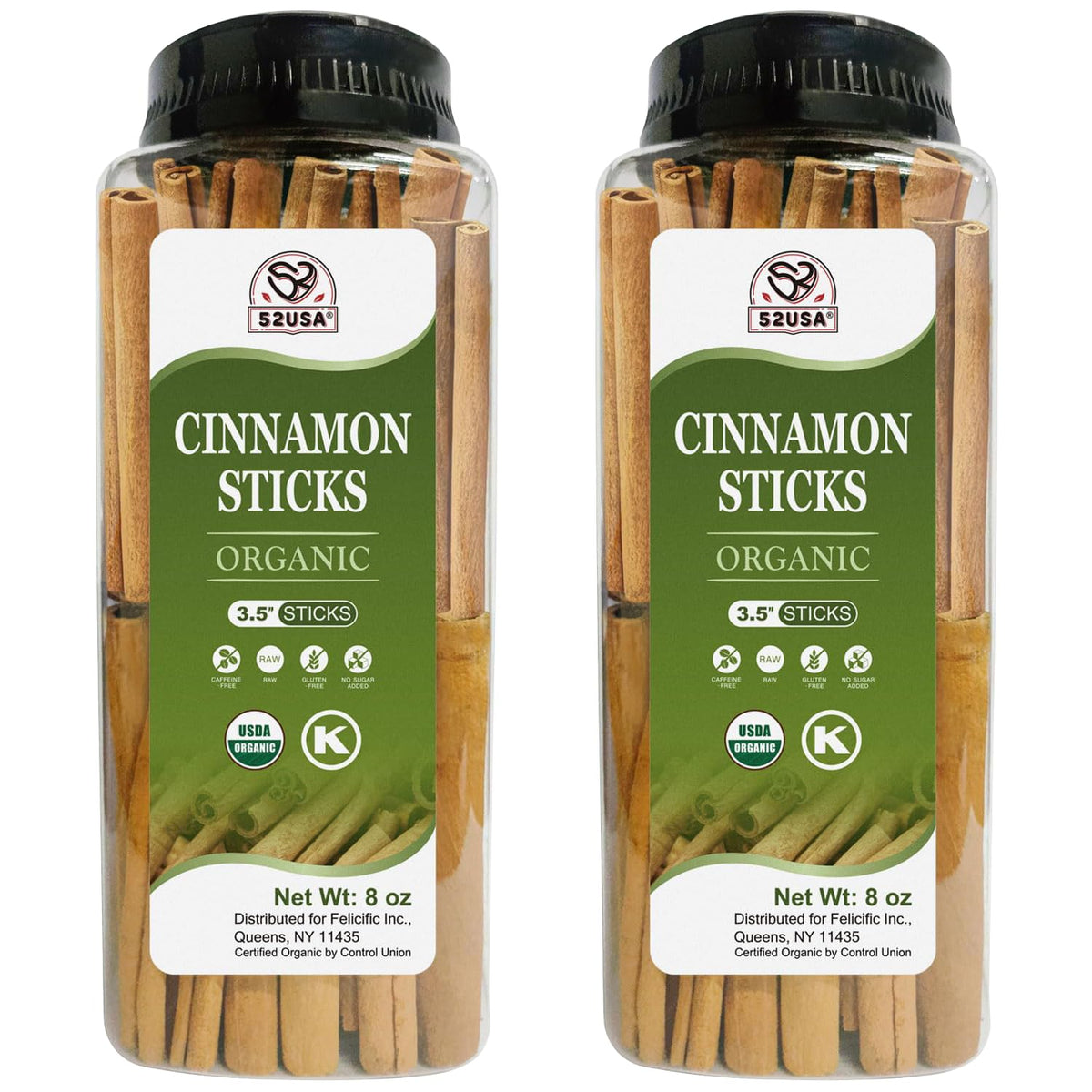 52USA Organic Cinnamon Sticks in an 8oz jar for fresh baking flavor