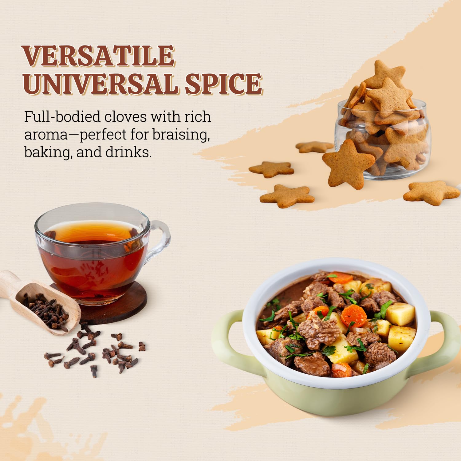 52USA cloves on baking counter with spices and vanilla