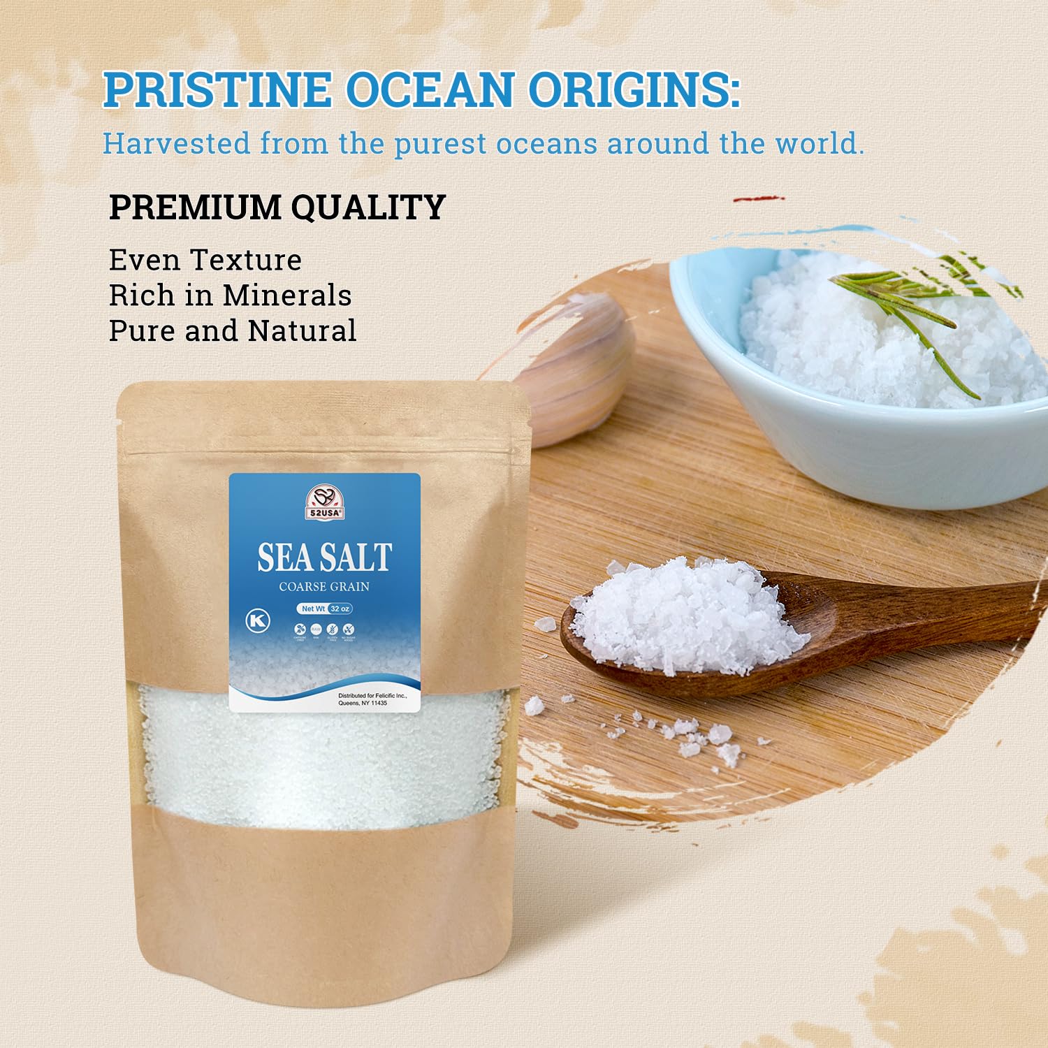 52USA coarse sea salt crystals in a jar showcase texture and freshness.