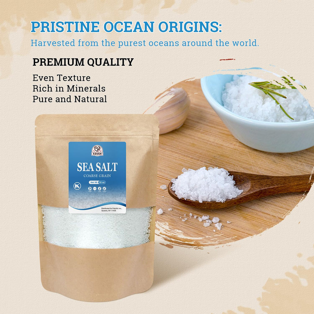 52USA coarse sea salt crystals in a jar showcase texture and freshness.