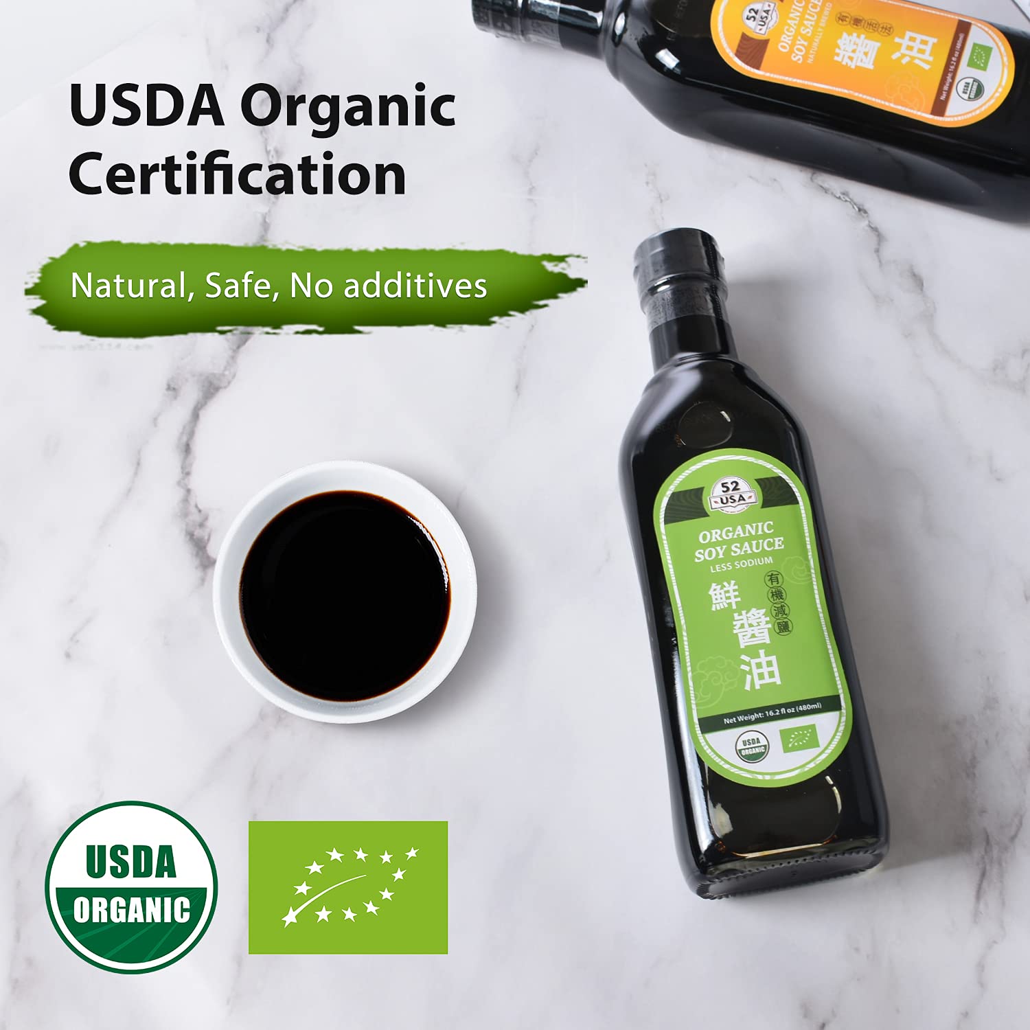 Pouring 52USA Organic Soy Sauce over stir-fry for savory depth.