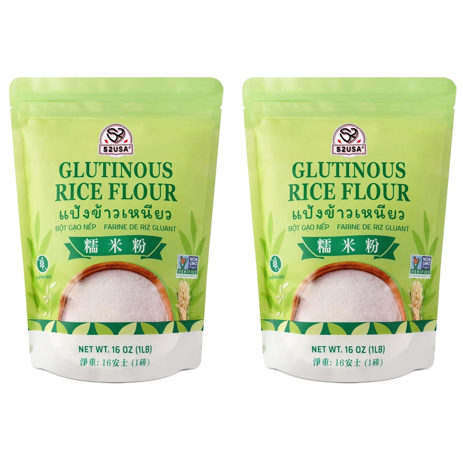 52USA glutinous rice flour 32-ounce bag shows premium fine powder for baking.