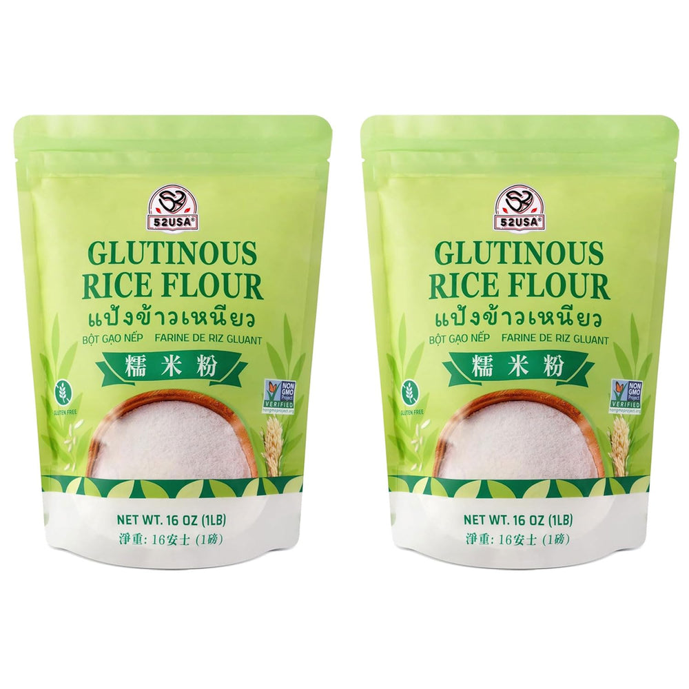 52USA glutinous rice flour 32-ounce bag shows premium fine powder for baking.