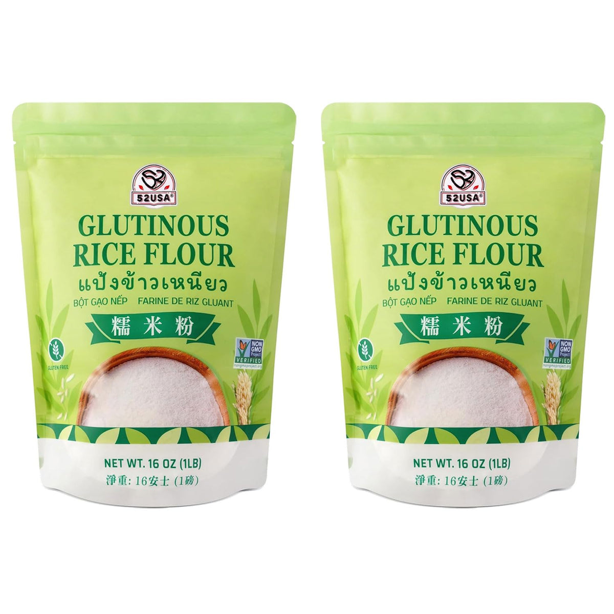 52USA glutinous rice flour 32-ounce bag shows premium fine powder for baking.