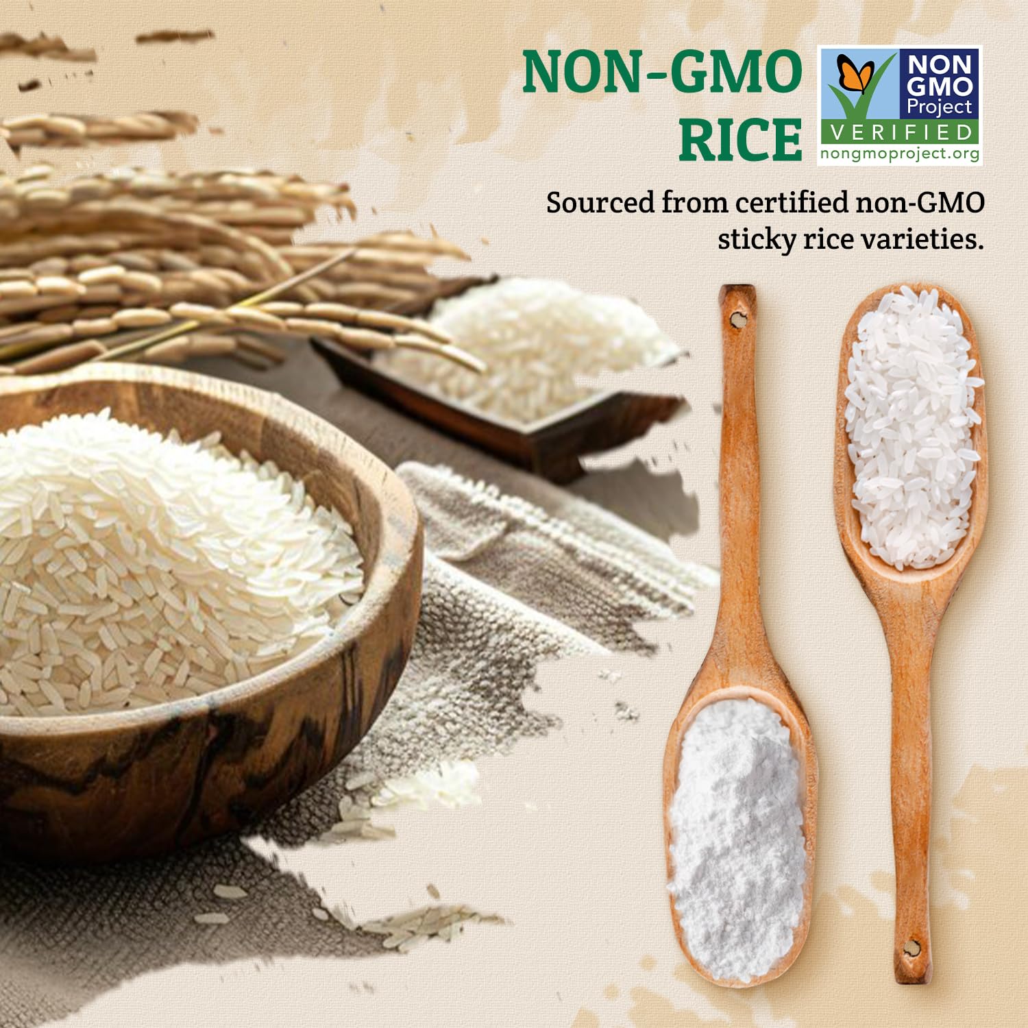 52USA glutinous rice flour packaging display emphasizes all-natural Thai flour.
