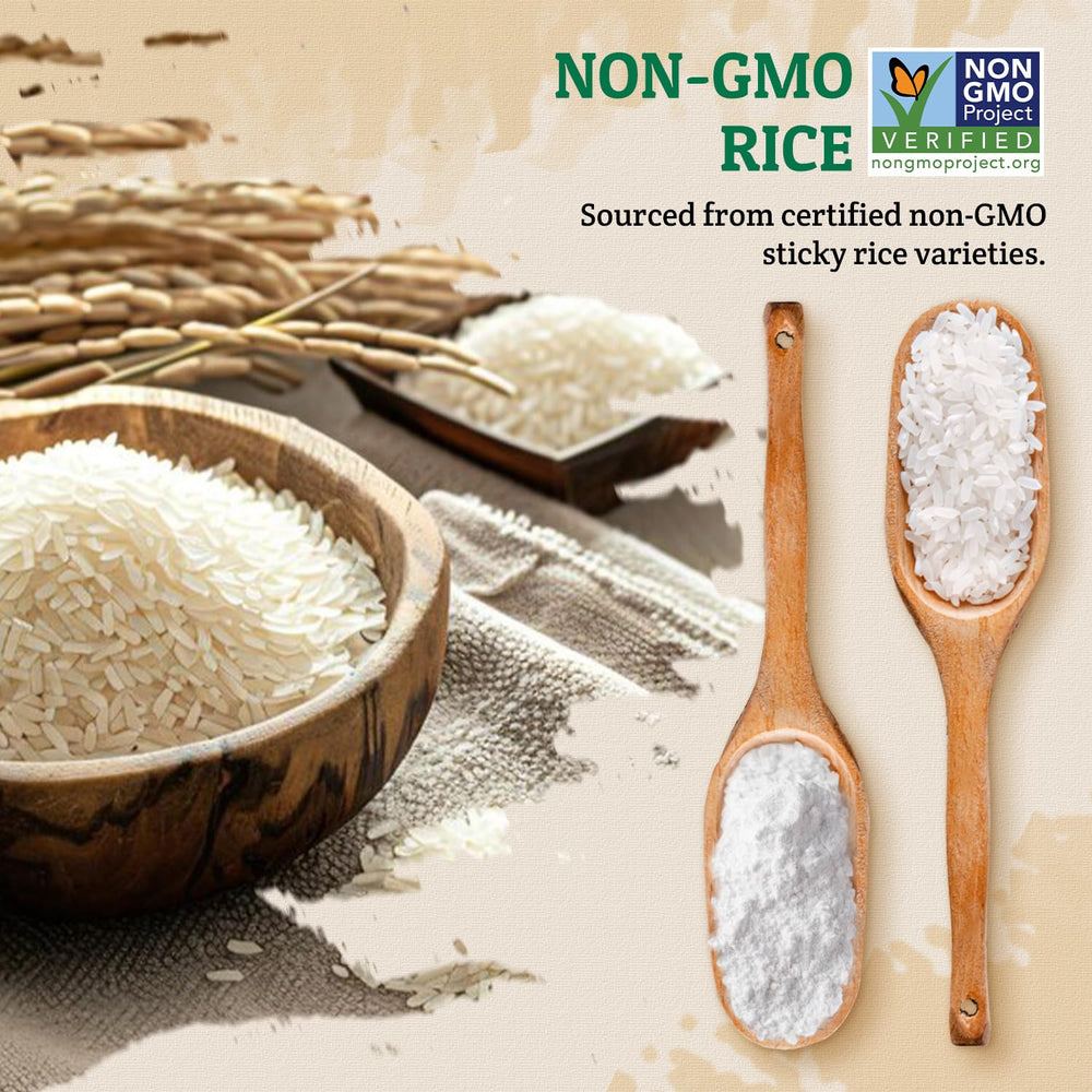 52USA glutinous rice flour packaging display emphasizes all-natural Thai flour.