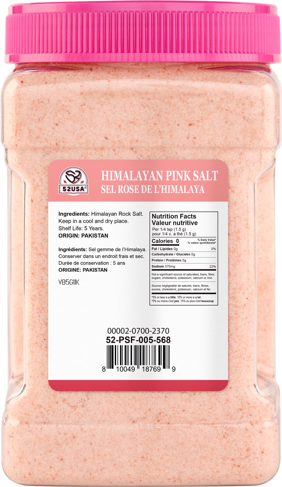 52USA Himalayan pink salt 5lb jar close up showing pink crystals
