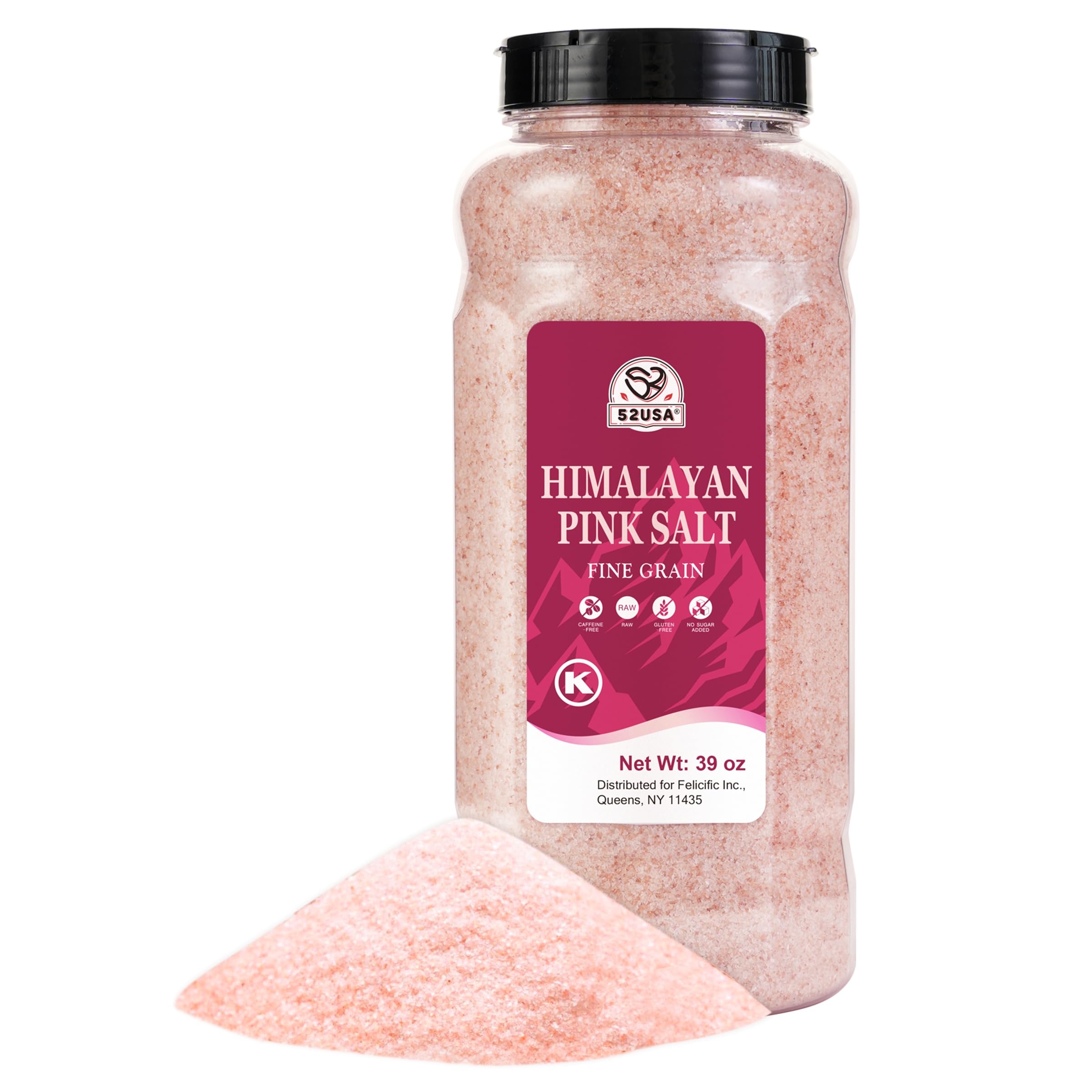 52USA Himalayan pink salt fine grain bottle for everyday seasoning and flavor.