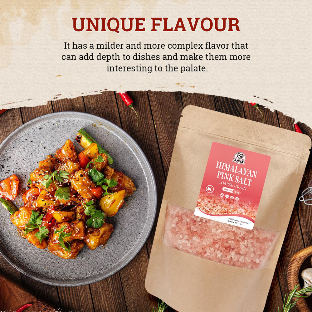 52USA Himalayan Pink Salt seasoning on dishes enhances flavor with a natural pink hue.