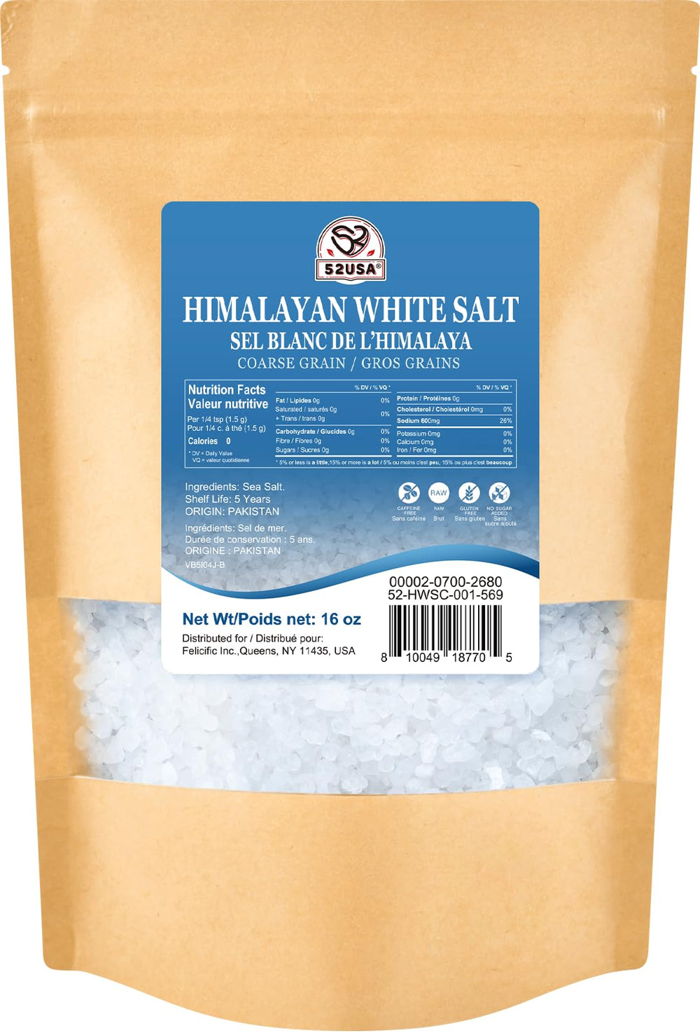 52USA Himalayan White Salt coarse-grain for grinder refills and seasoning.