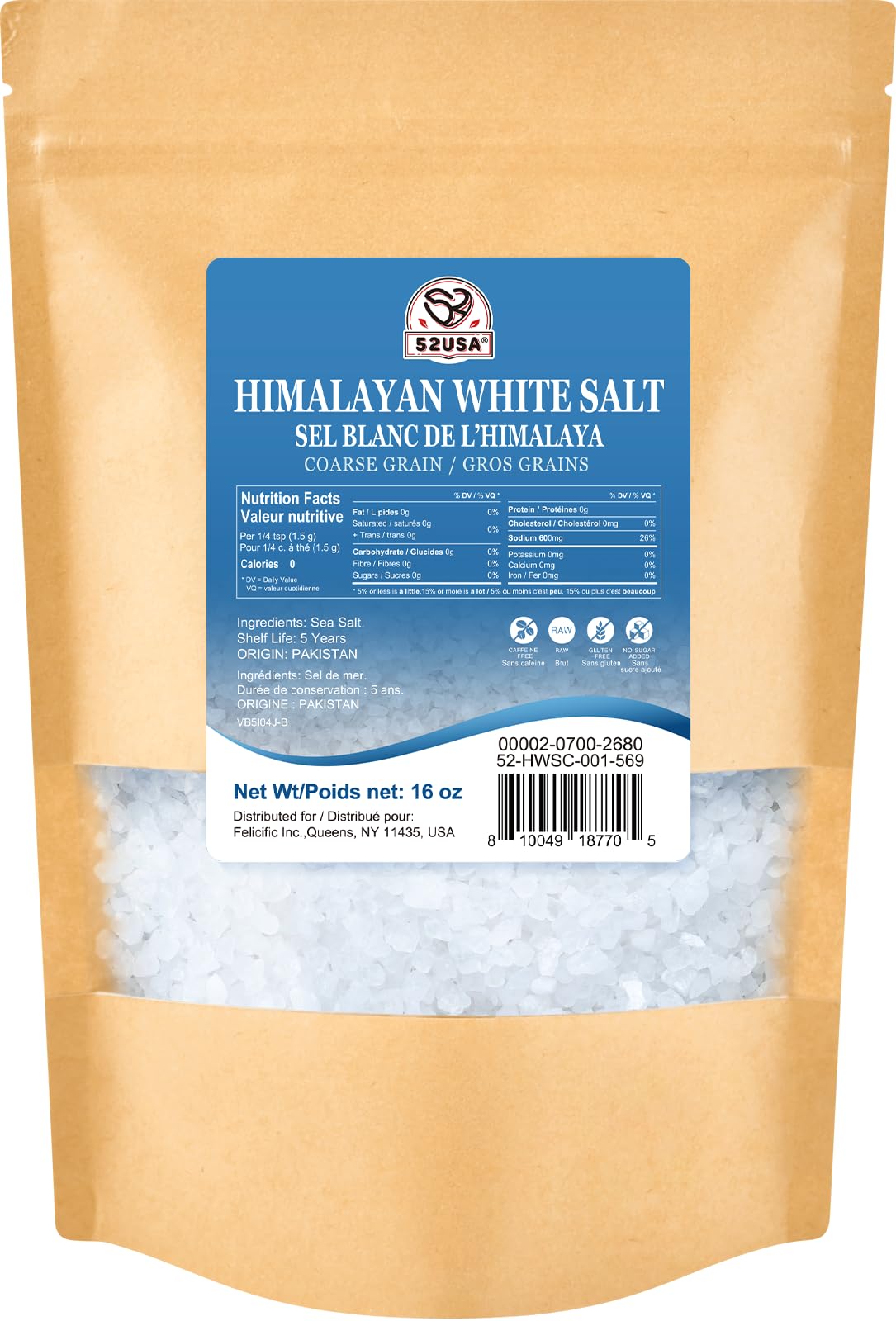 52USA Himalayan White Salt coarse-grain for grinder refills and seasoning.