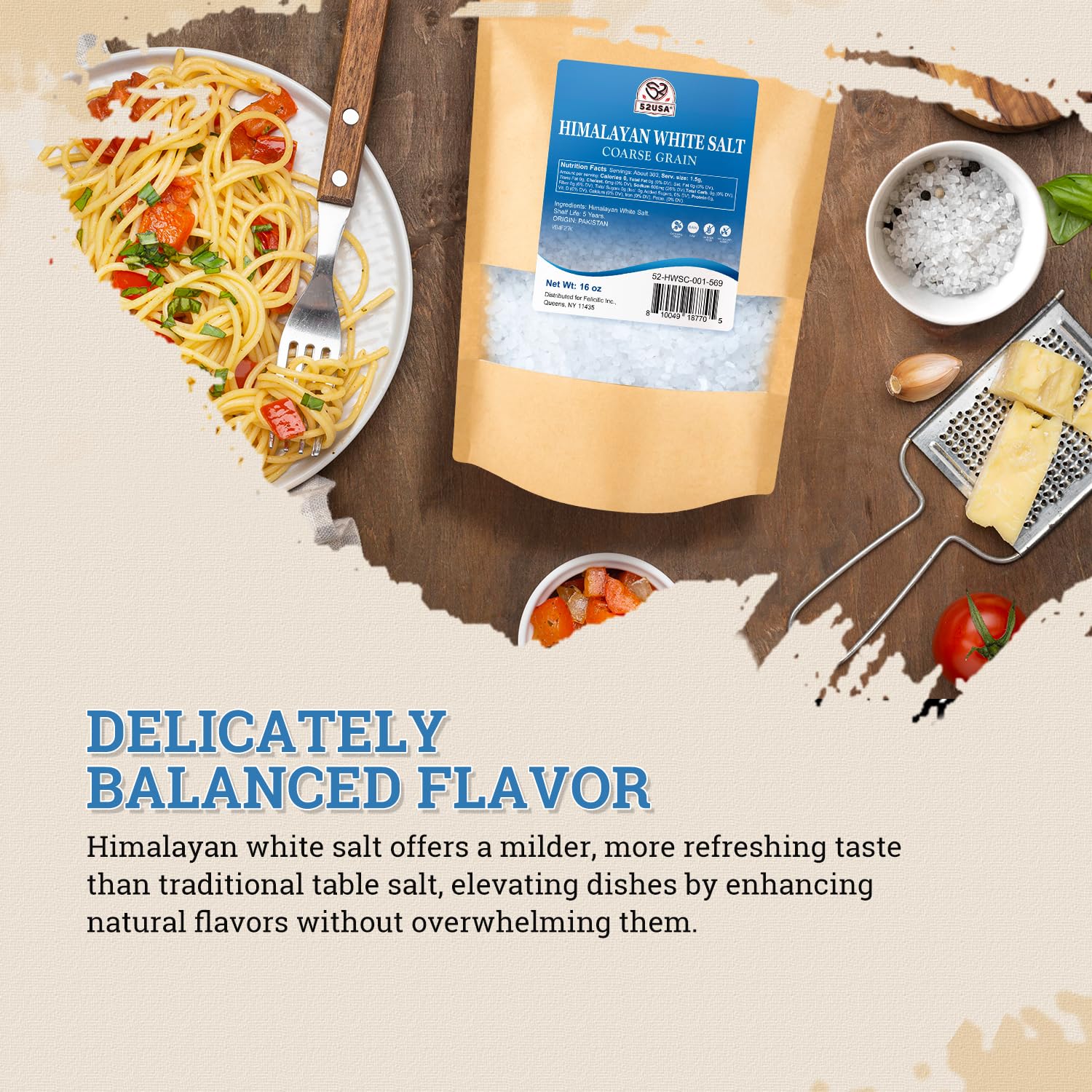 52USA Himalayan White Salt coarse grains enhance cooking and finishing touches.