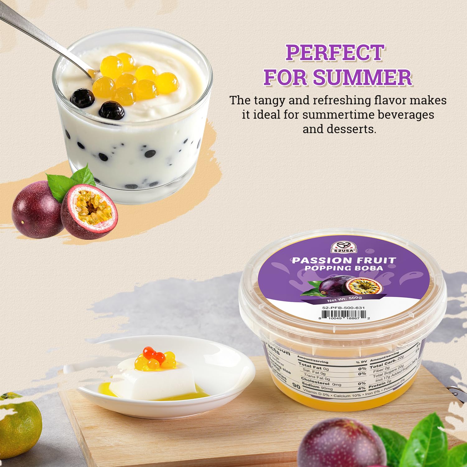 52USA Ice cream topping creates fruity swirls with bursting pearls.