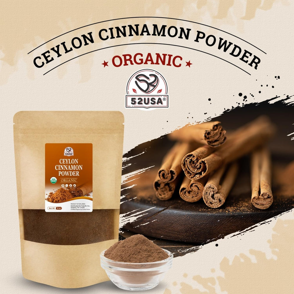 52USA Cinnamon powder kitchen scene suggests versatile culinary uses.