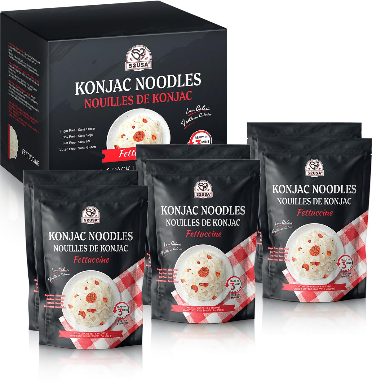52USA Konjac Shirataki Noodles box front, gluten-free, low-calorie pasta option.