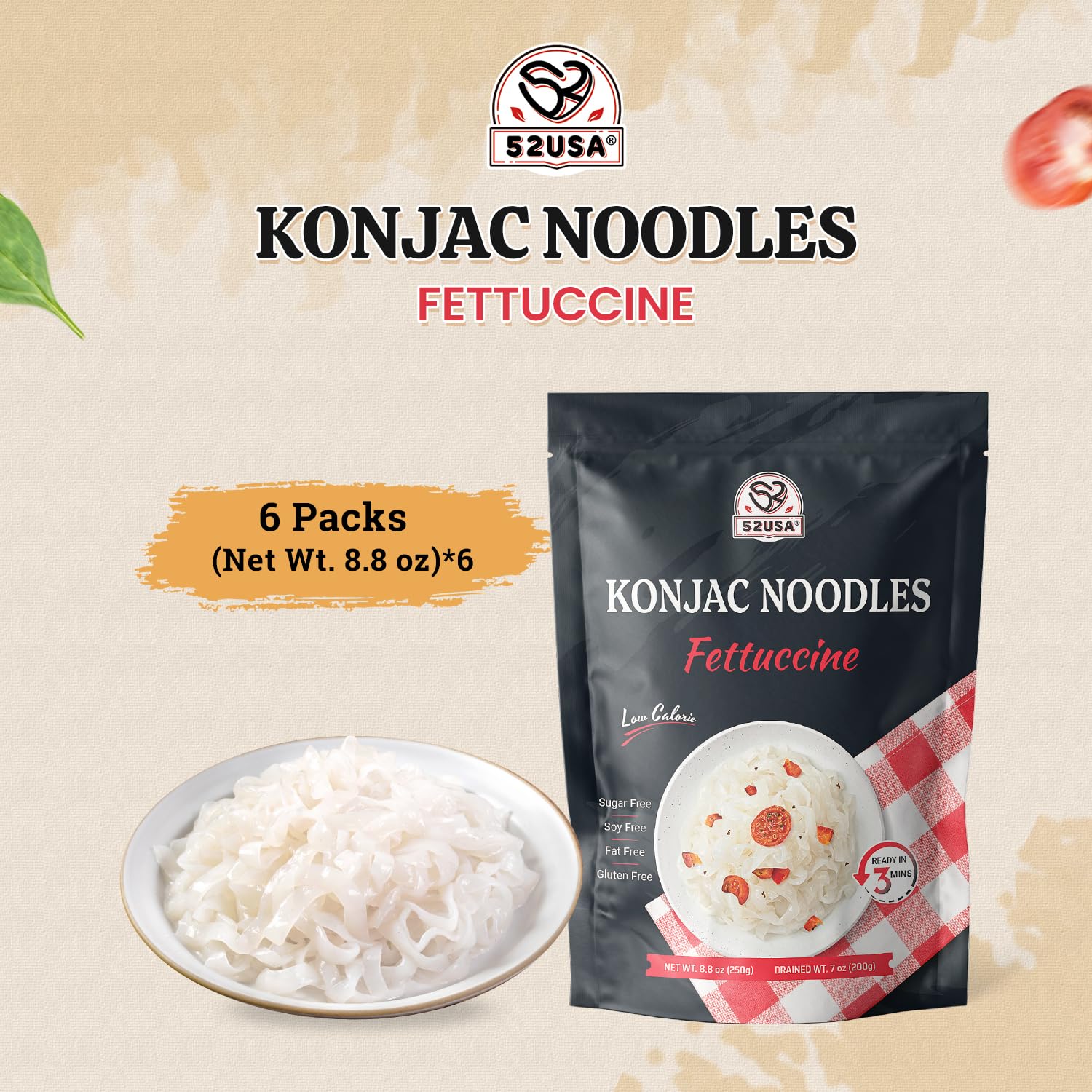 Cooked fettuccine dish with 52USA konjac noodles ready for sauces.