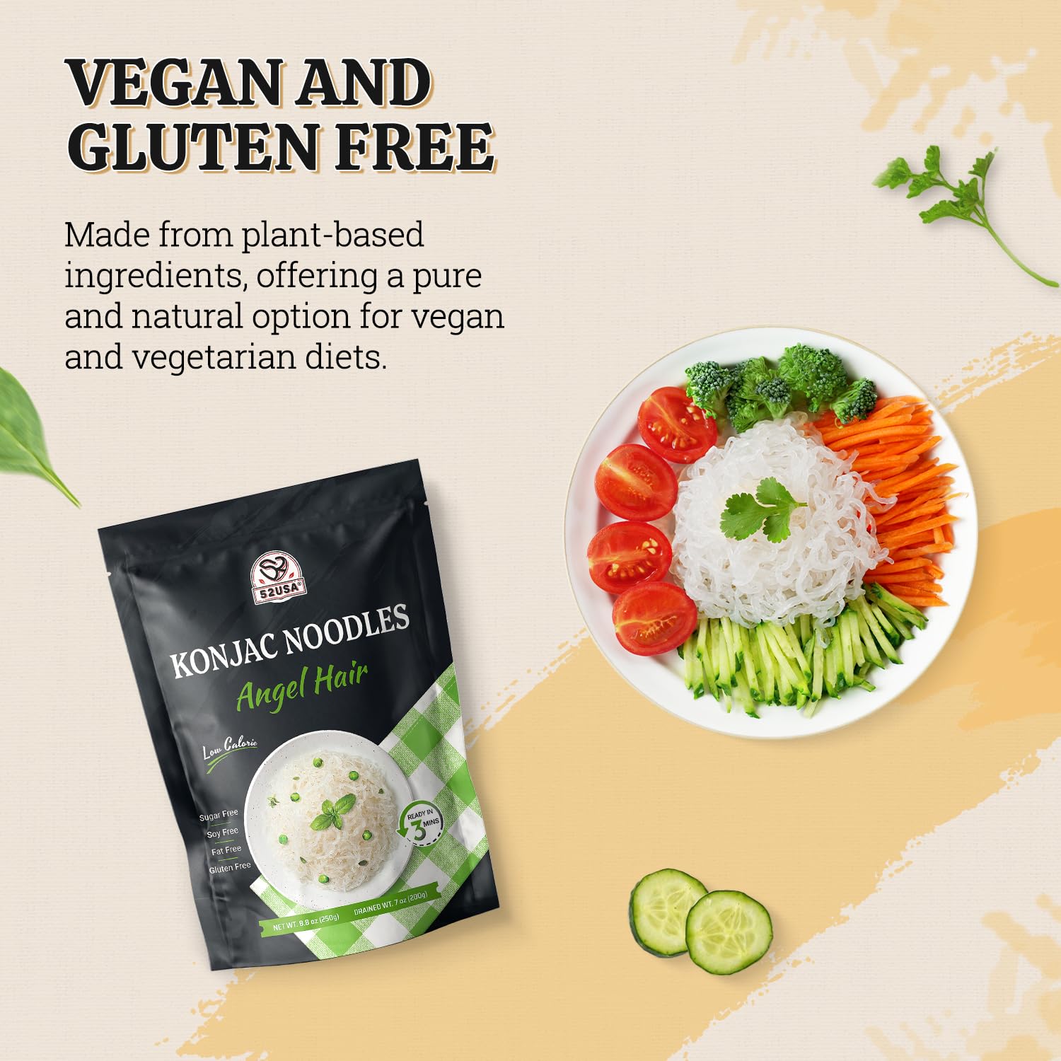 52usa Konjac Shirataki Noodles gluten-free vegan badge highlighting dietary flexibility