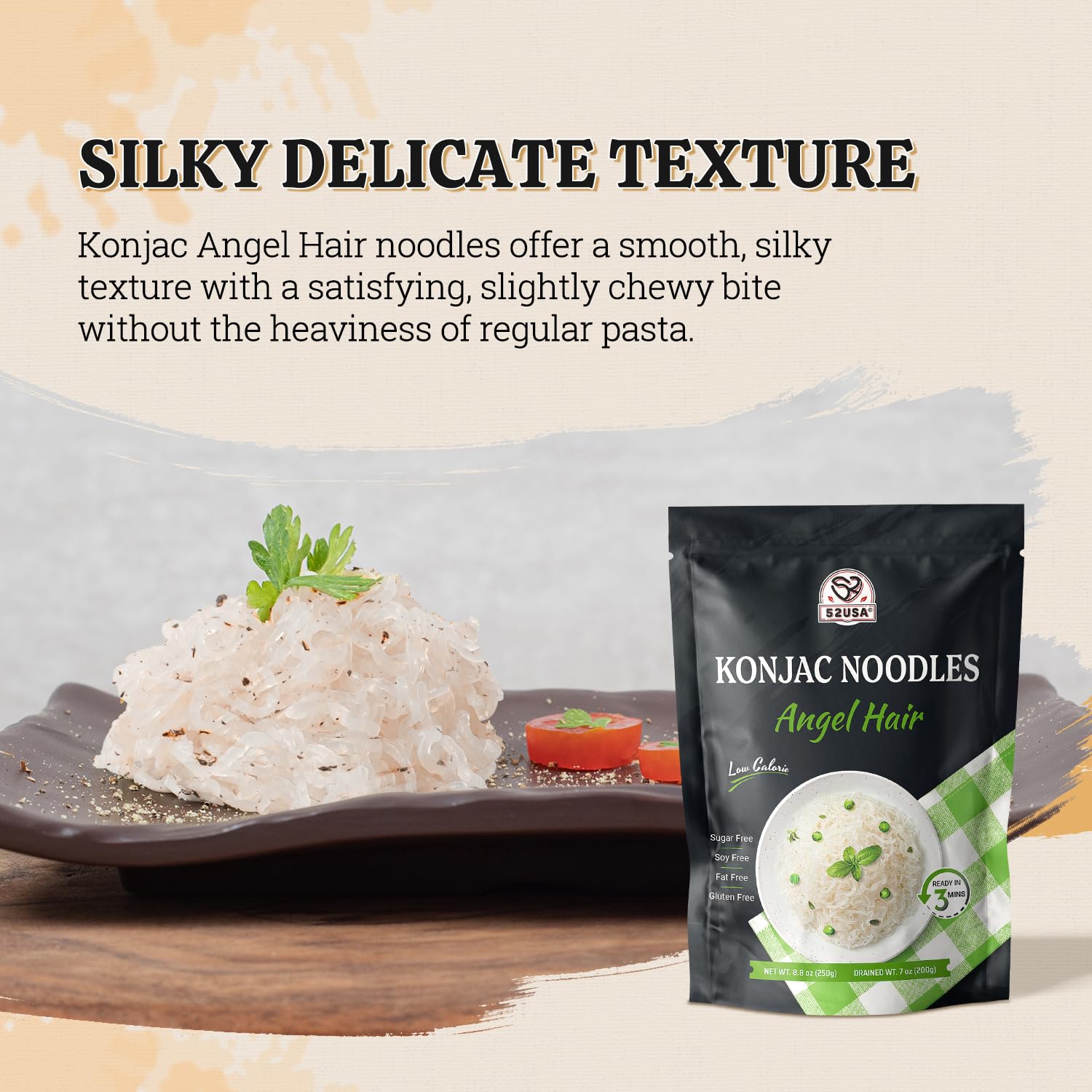 52usa Konjac Shirataki Noodles prep in kitchen showing quick, easy meal prep