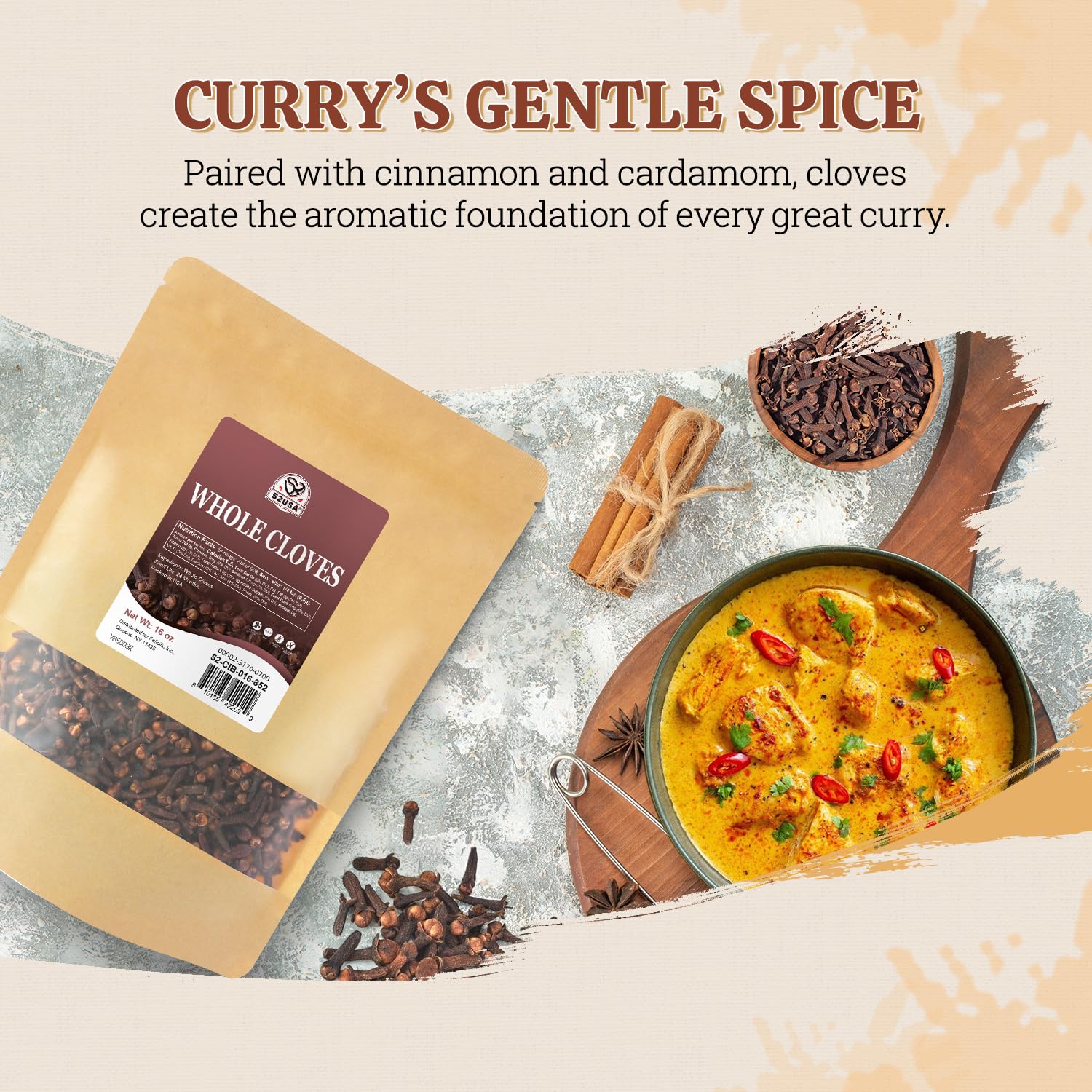 52USA Kosher-certified clove packaging label visible