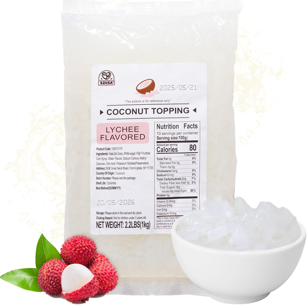 52USA Lychee coconut jelly strips in bulk, ideal bubble tea topping.