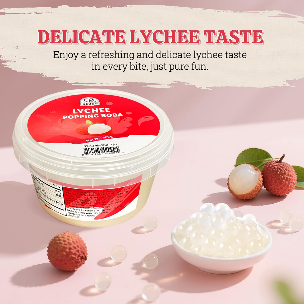 52USA Lychee Popping Boba 500g packaging preserves freshness