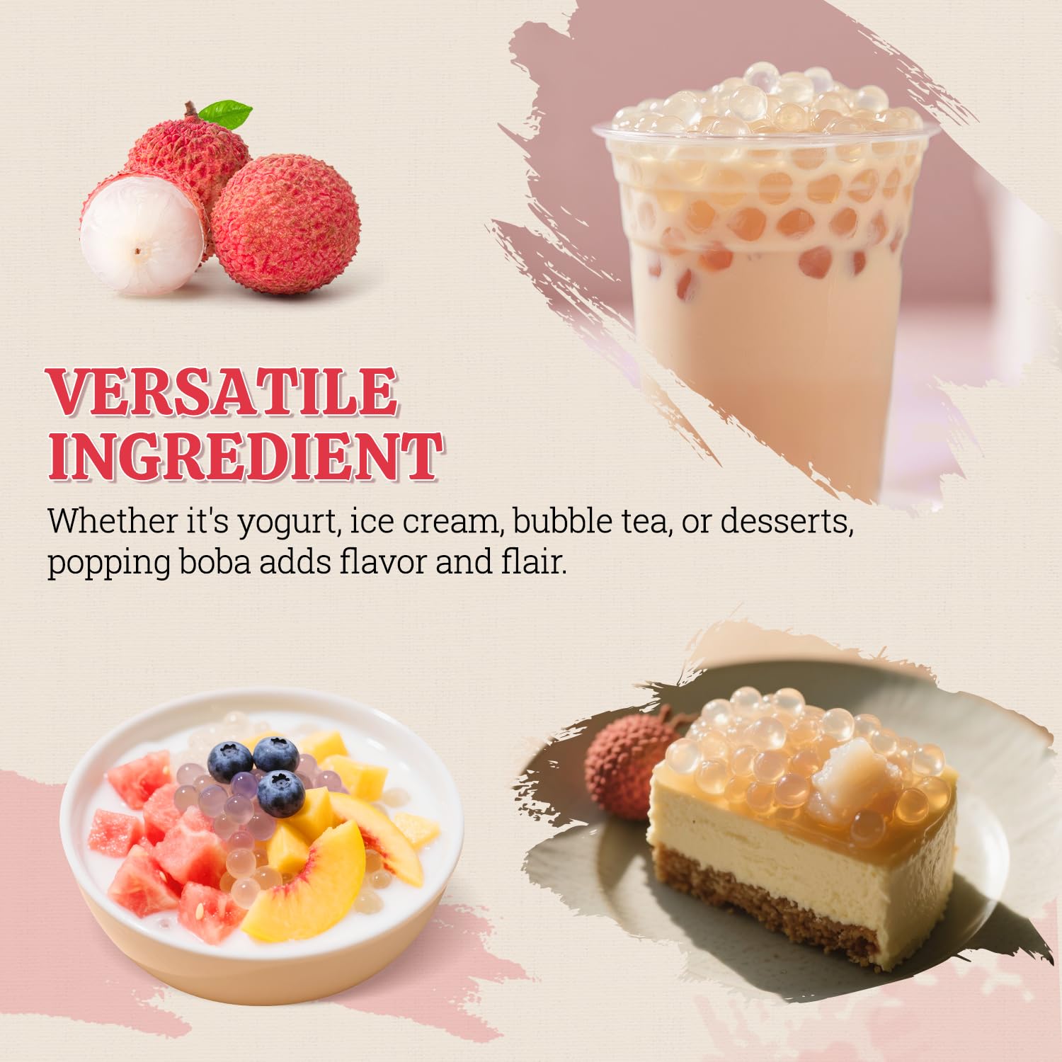 52USA Lychee Popping Boba pearls in tea for a fruity twist