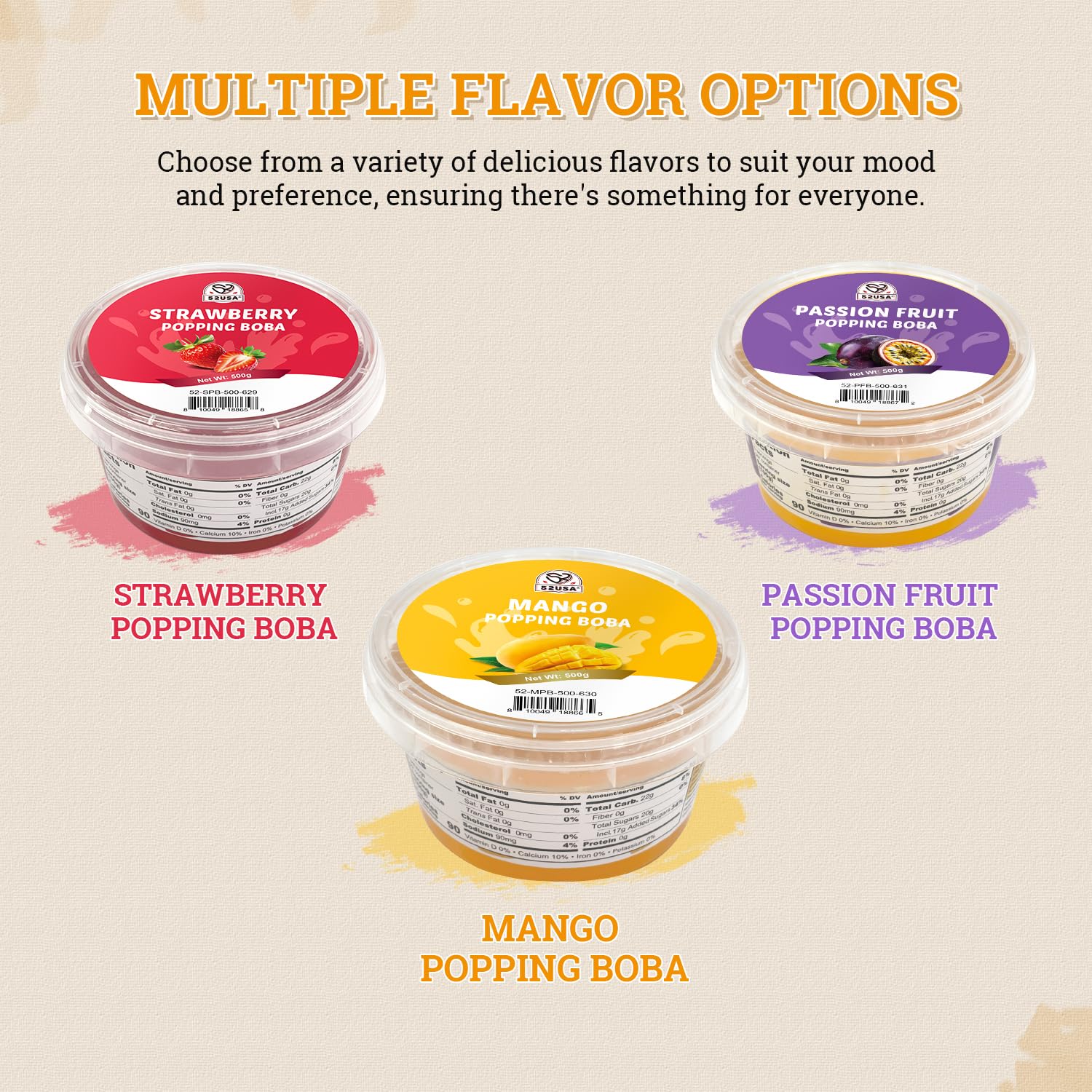 52USA Mango Popping Boba packaging shows 500 g seal for freshness