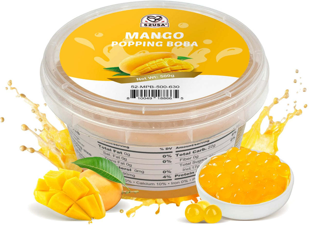 52USA Mango Popping Boba pack close-up showing juicy mango filling for beverages