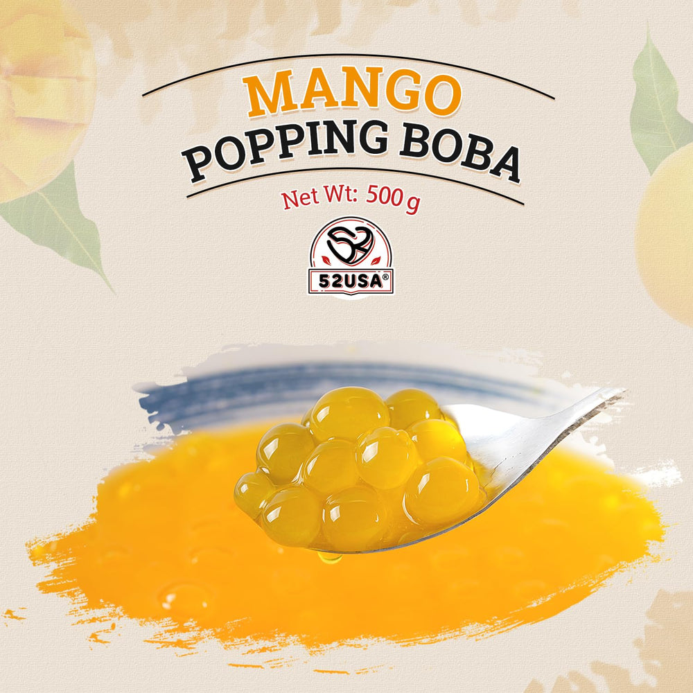 52USA Mango Popping Boba dessert plate with vibrant mango pearls