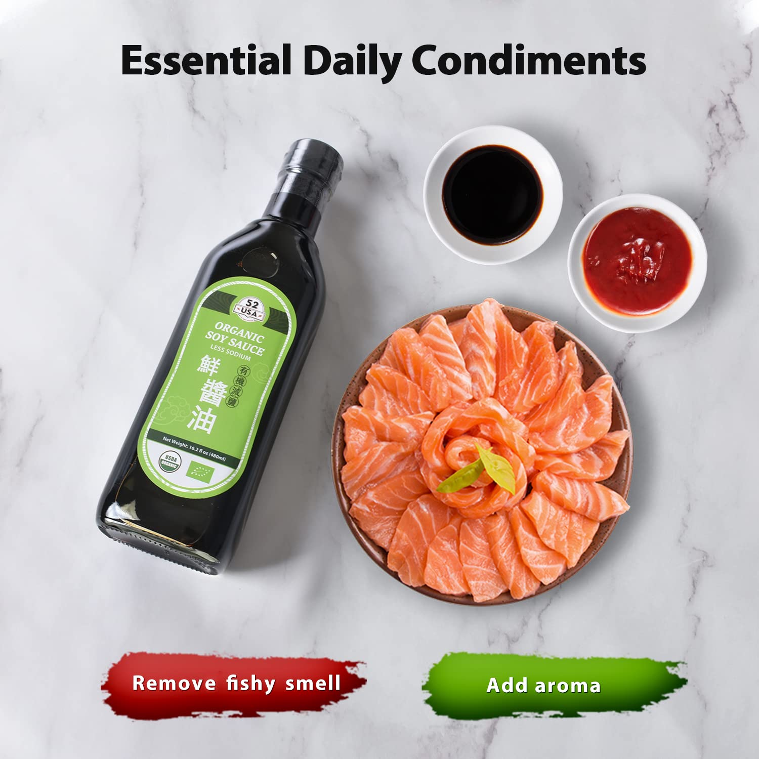 52USA Organic Soy Sauce used as marinade for meat for balanced umami.